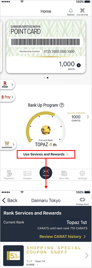 Tap"Use Rank-related Bonus Services and Rewards"on the app home screen to check service/reward details.